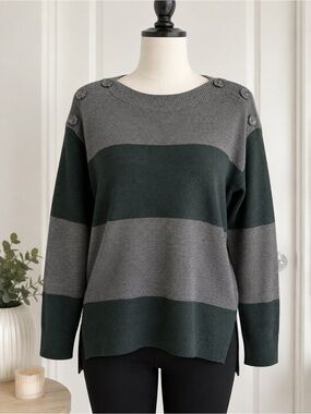 Vince Camuto Button Shoulder Striped Tunic Sweater Gray Green XS